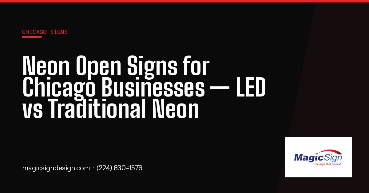 Neon open sign glowing in Chicago storefront window at night