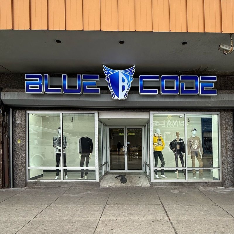 Blue Code — Illuminated Storefront Sign — Magic Sign Design Chicago